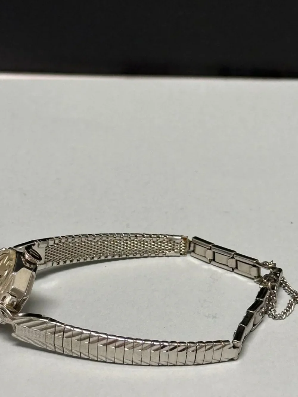 Caravelle Watch Silver Tone Small Dial 16MM Dainty Safety Chain Manual Wind